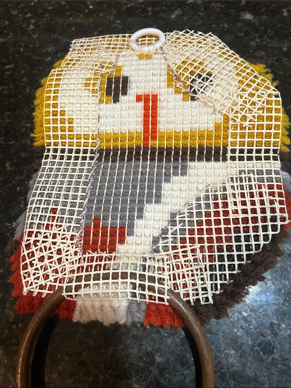 Vintage Handmade Owl Hooked Potholder in Mustard, Orange, Gray & White